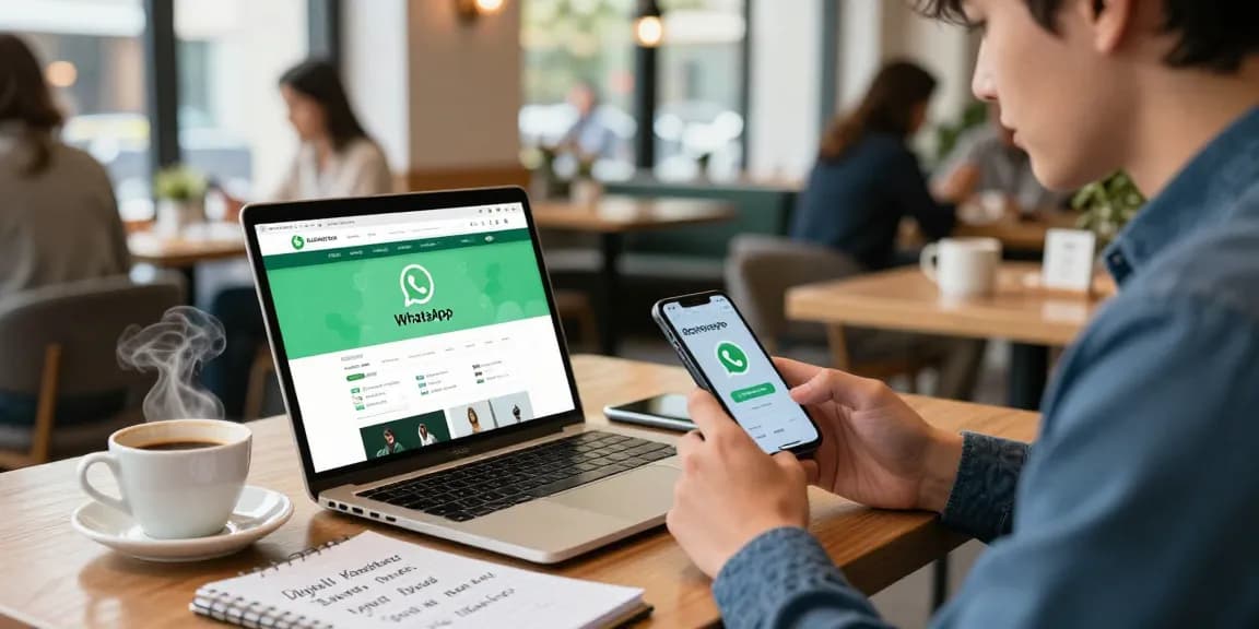 WhatsApp下載 process on a smartphone in a cozy cafe setting with a laptop and notepad.