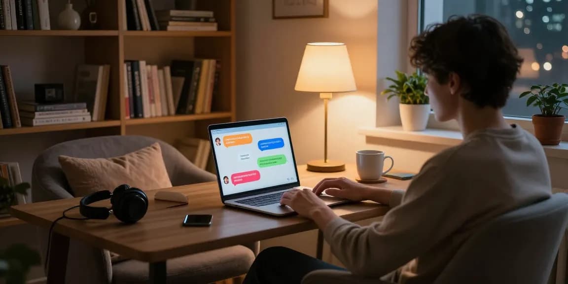 Engaging in AI nsfw chat in a cozy home office environment, showcasing a relaxing atmosphere and modern tech.