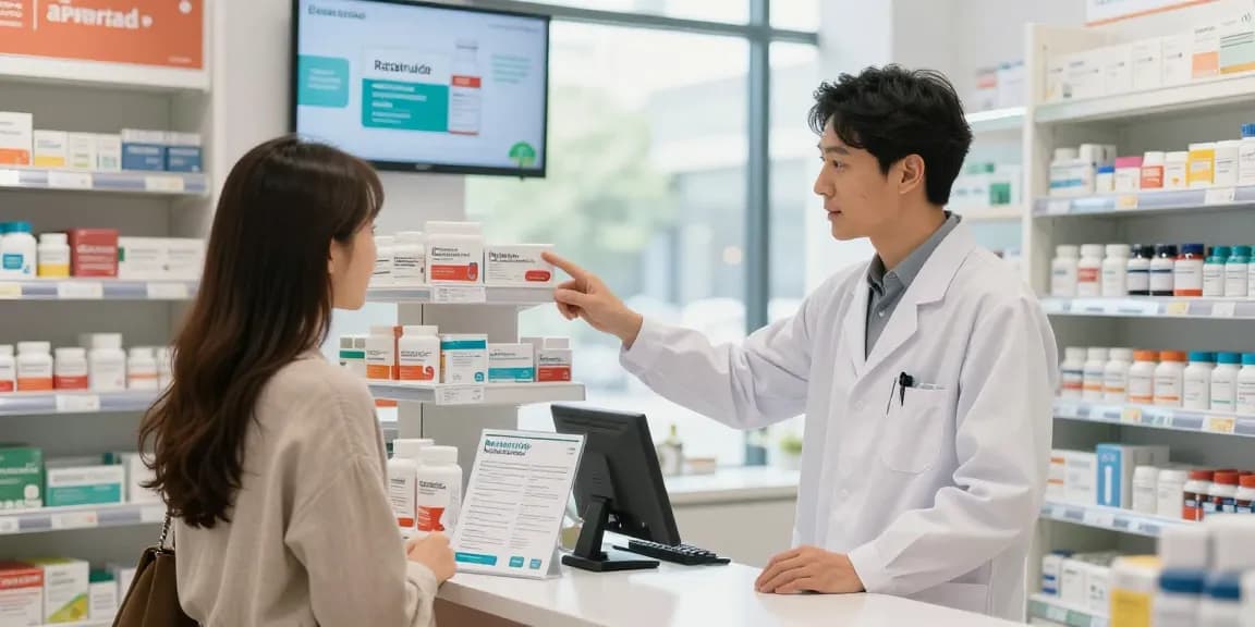 Engaging pharmacist explaining benefits as customer seeks to buy retatrutide in a bright pharmacy.