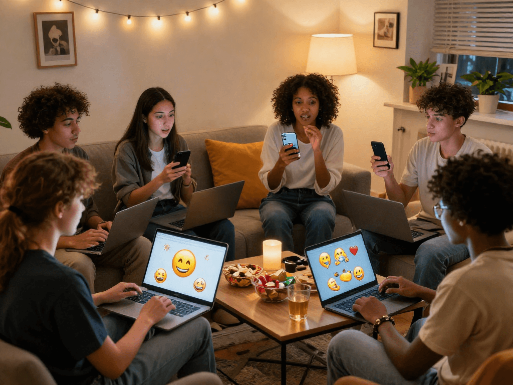 Friends enjoying a spicy chat online in a cozy living room filled with snacks and colorful decorations.