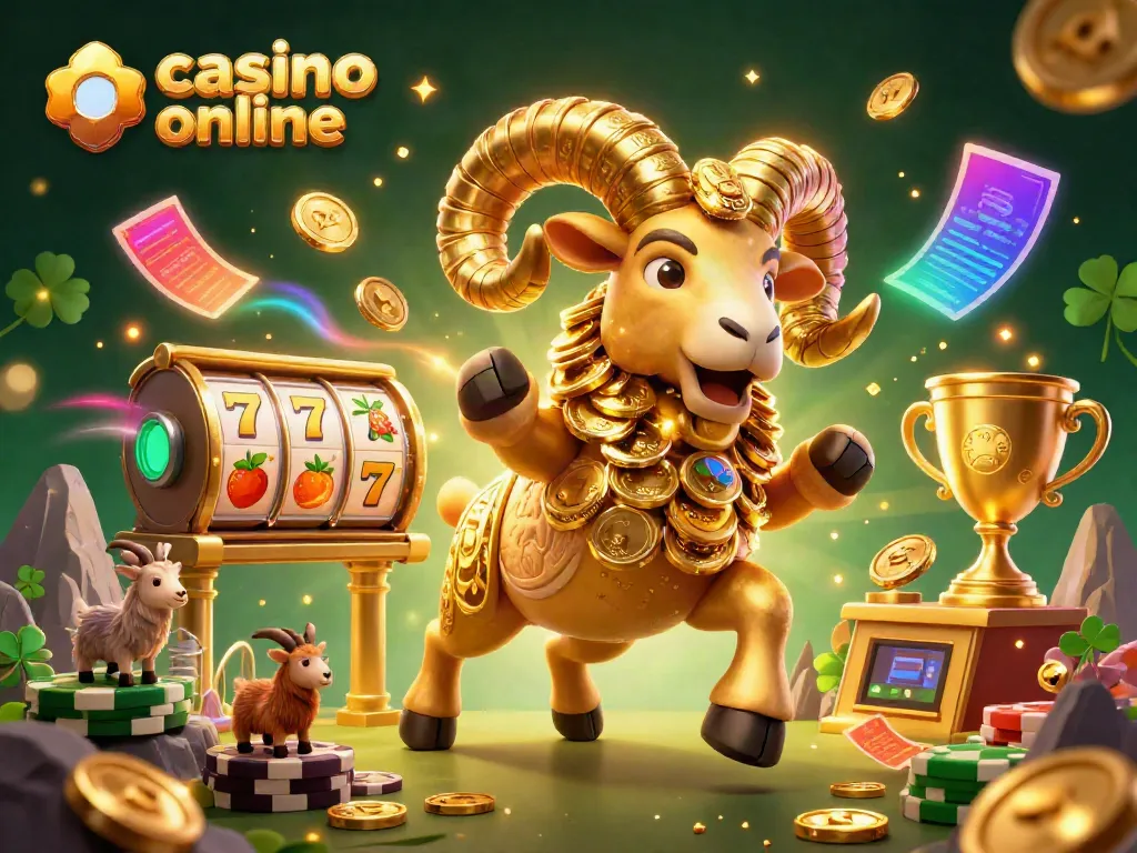 Experience the thrill of casino online action with a golden ram charging through a vibrant slot machine world.