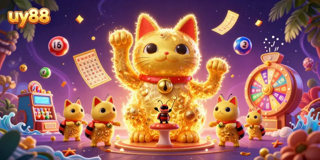 Experience thrilling fun at uy88 with golden lucky cat and vibrant casino elements bursting into action.