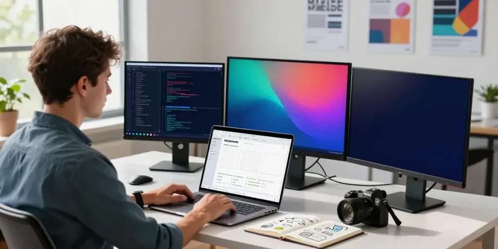 SEO expert using instant indexing tools in a vibrant digital marketing workspace.
