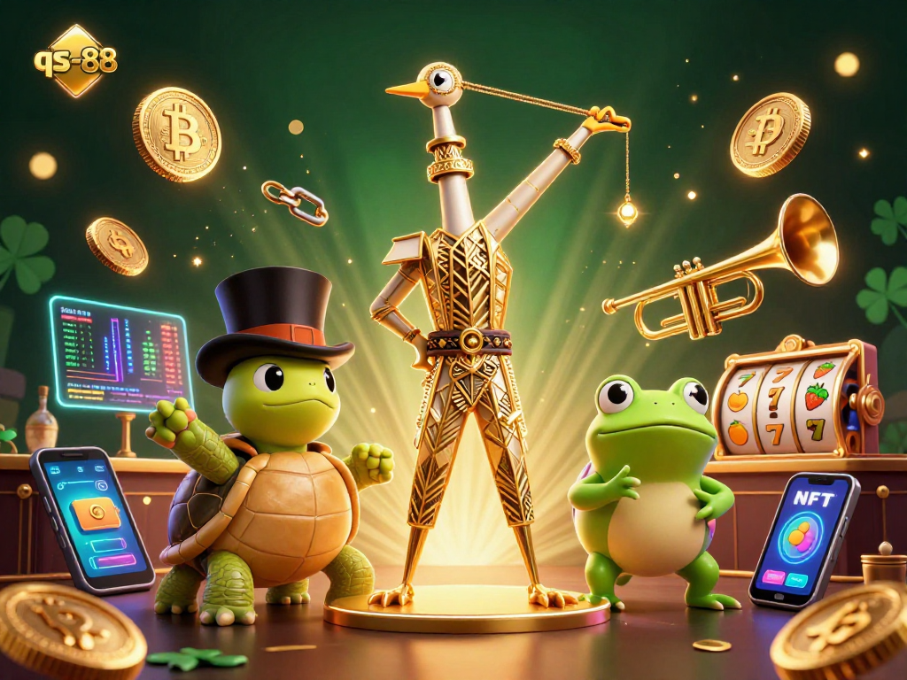 Experience the excitement of qs-88 with vibrant 3D casino characters and crypto elements.