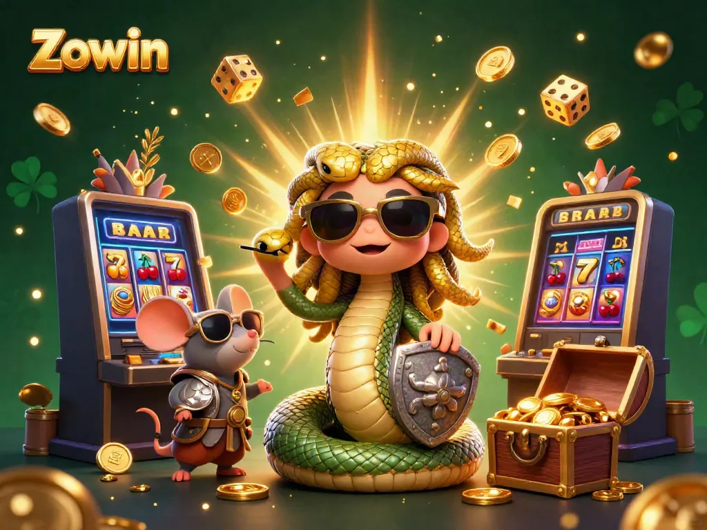 Engage in thrilling gameplay with Zowin's colorful 3D casino illustration featuring vibrant slot machines.