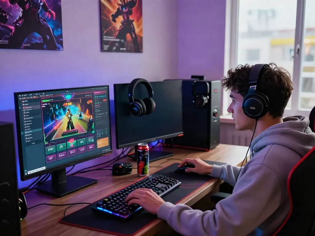 Engaged gamer at http://11bet-app.net/ with modern gaming setup and vibrant atmosphere.