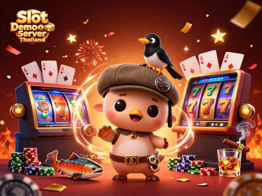 Experience Slot Demo Server Thailand with a joyful Nessie and vibrant slot reels in this lively casino illustration