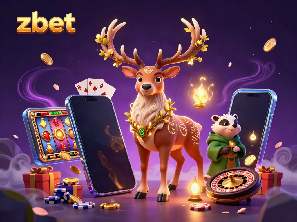 Experience the thrill of zbet with a magical 3D casino scene featuring a druid stag, mystical lights, and vibrant gaming elements.