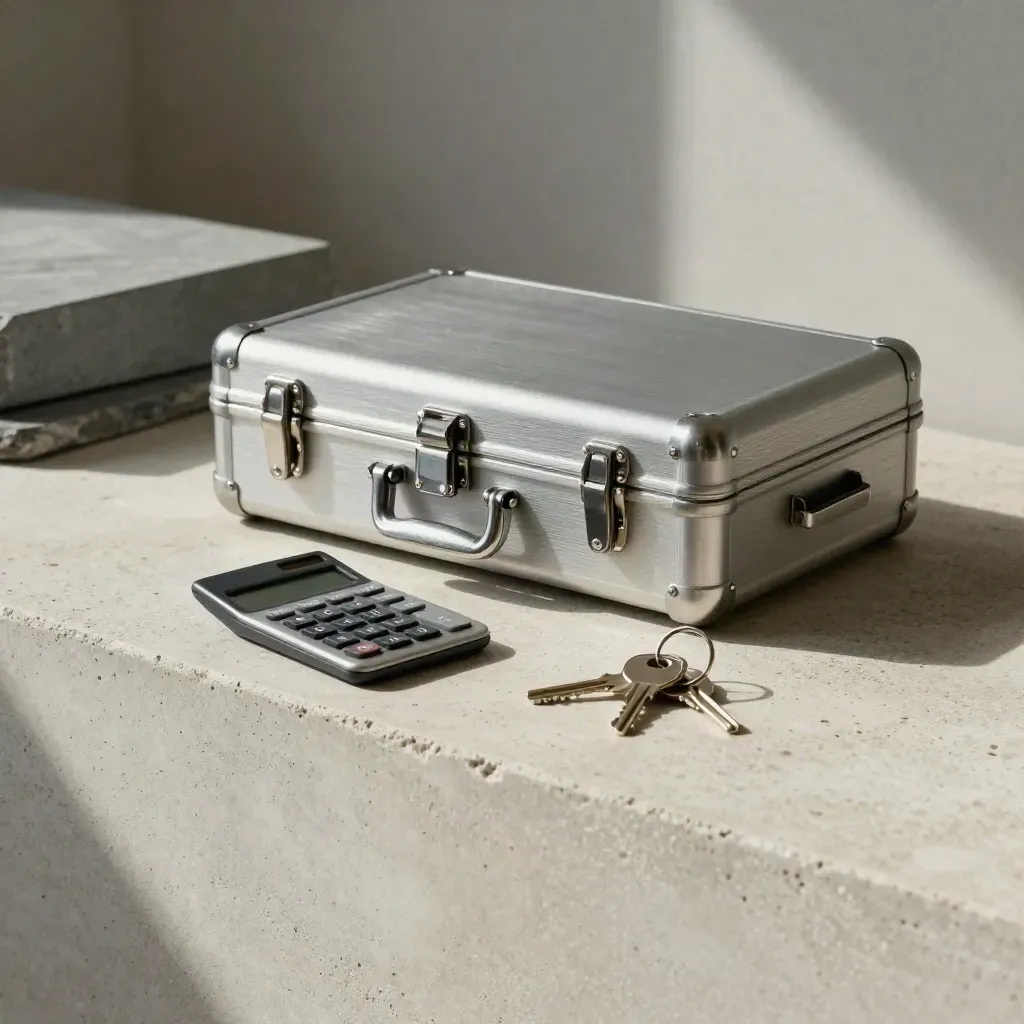 Steel binder case, calculator and key tags beside a concrete block in a finance prep room.