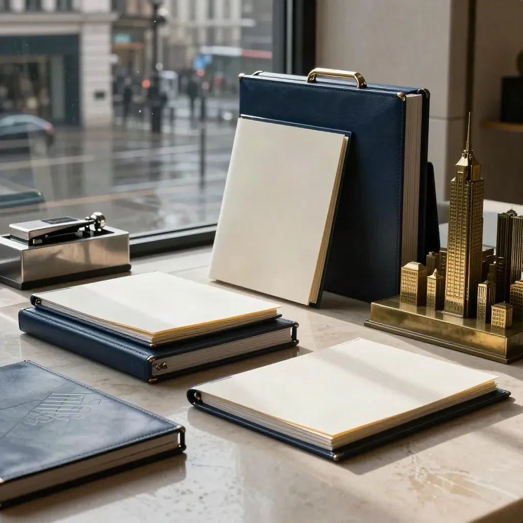 Navy portfolio cases and brass city model in a rain-wet London finance lobby at dawn
