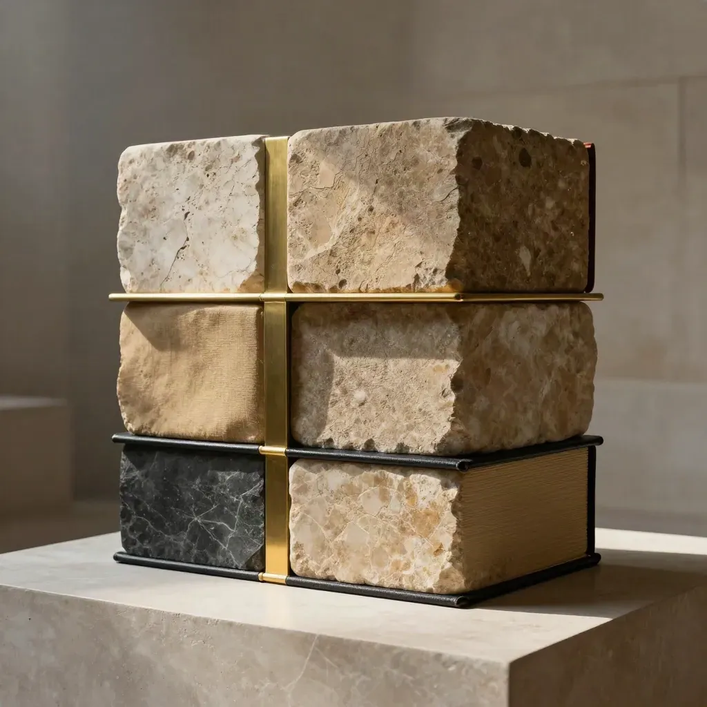 Stone blocks, brass spacers, and closed folios stacked as a capital structure in dramatic light.