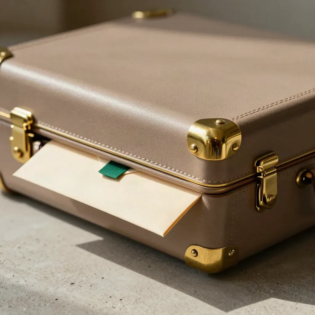Sealed portfolio case with brass clips and folded envelope on pale concrete in warm window light.