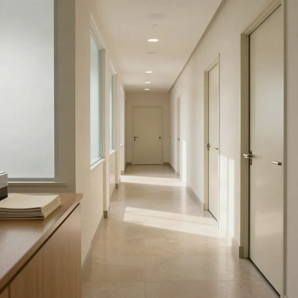 Pristine clinic corridor with treatment doors, a reception side table and a closed folio.