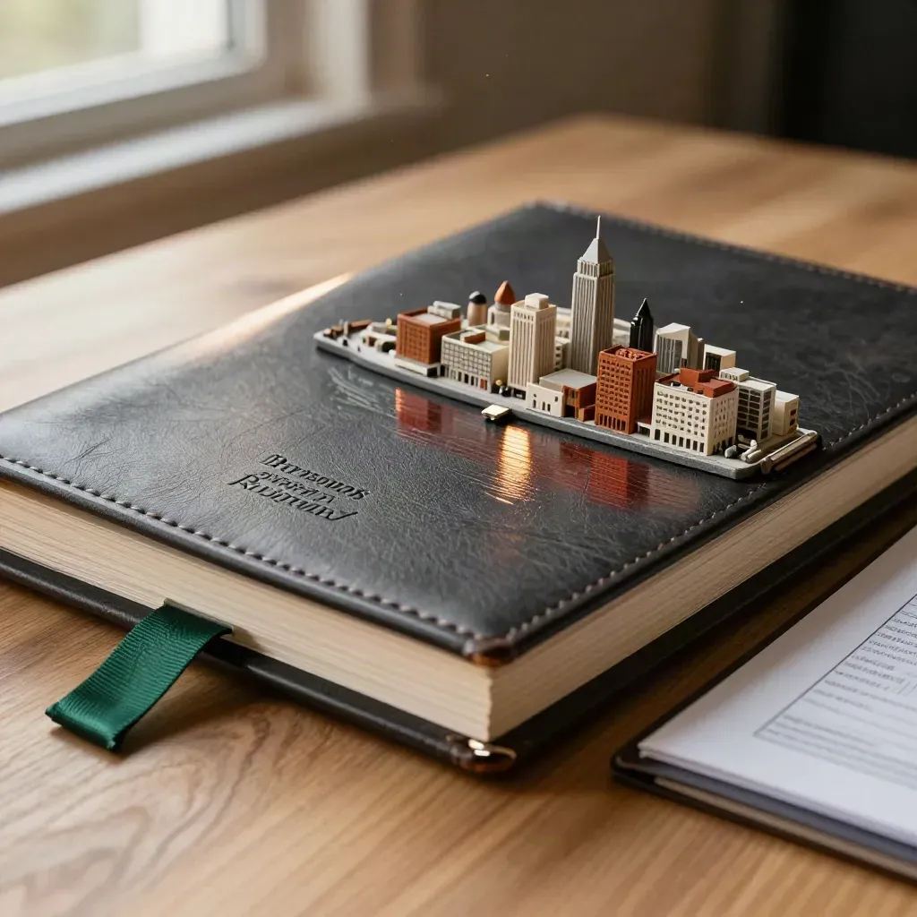 Investor folio, Bristol city model and sealed document wallet on pale oak in a warm studio.