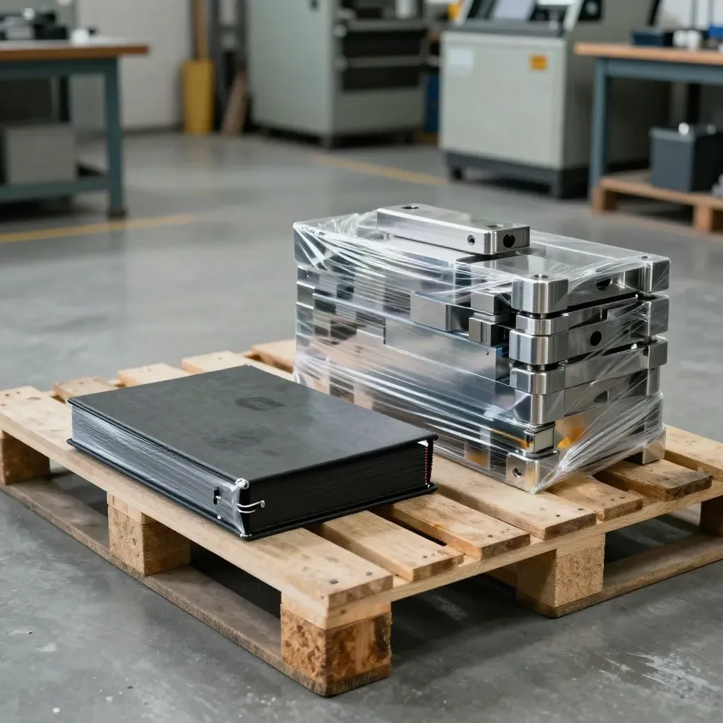 Workshop bay with binder, metal parts and wrapped crate in warm industrial light.