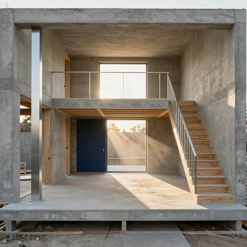 Empty new house-frame interior with oak, steel and concrete in warm haze