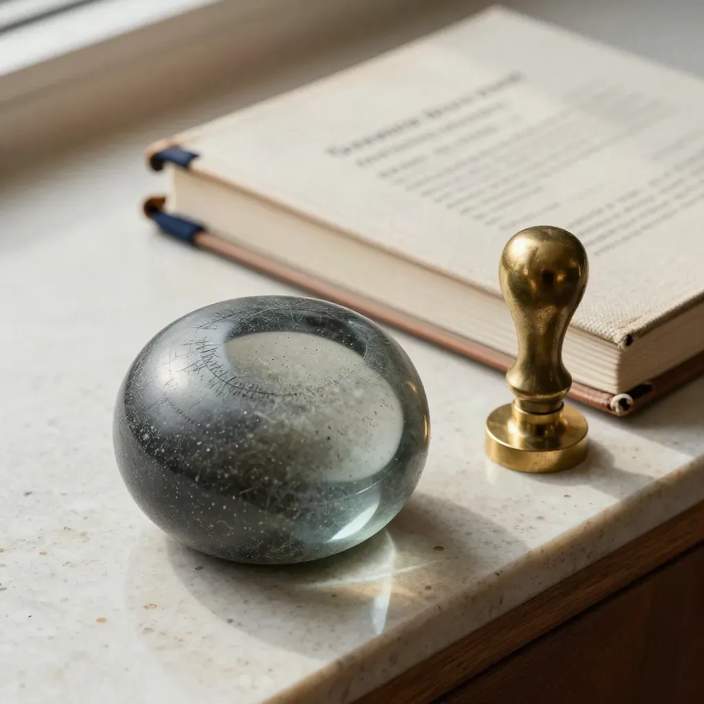 Stone paperweight, brass seal stamp, and linen deal folio on travertine in soft daylight.