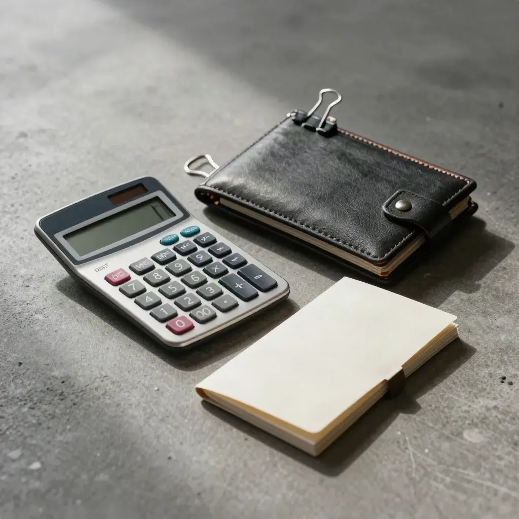 Calculator, steel clips and a dark document wallet on concrete in a dramatic finance still life