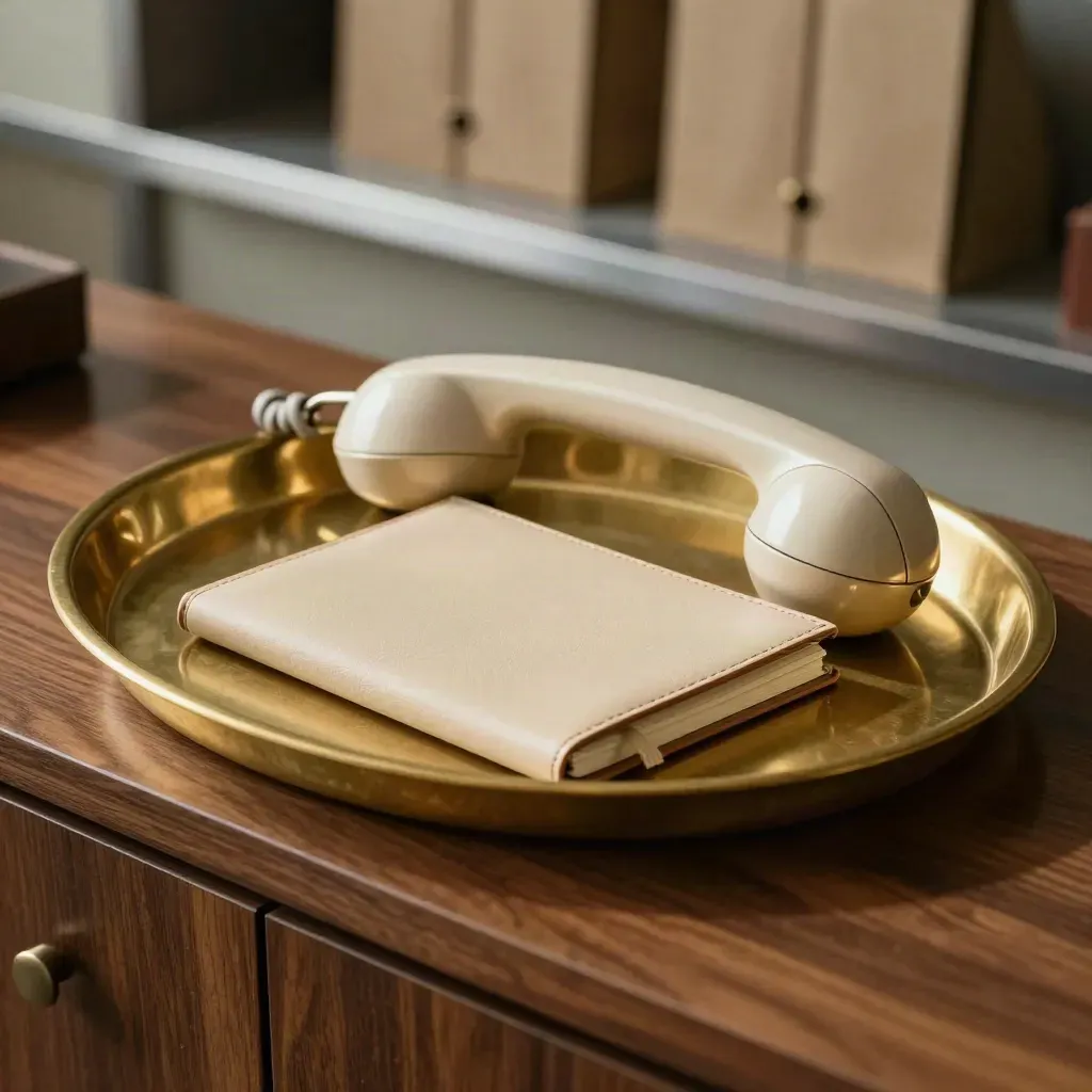 Brass tray, closed notebook and satin handset on walnut sideboard in soft daylight.