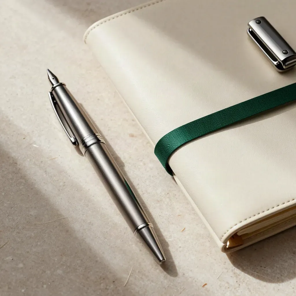 Corporate finance still life with pen, folio and briefcase clasp on pale stone.