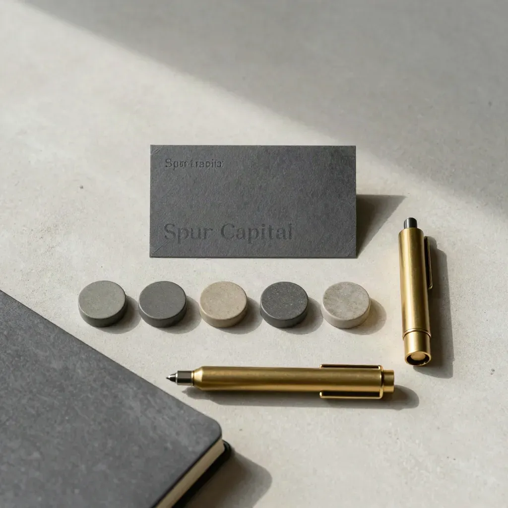Overhead finance flatlay with tokens, graphite notebook, and brass marker on pale concrete