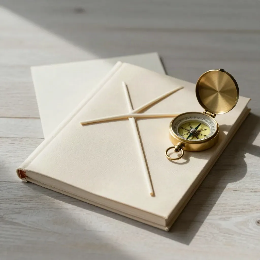 Closed folio, branching markers, and brass compass on pale wood in soft daylight.