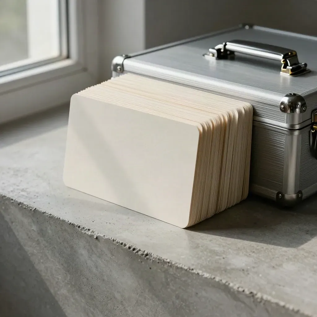 Locked portfolio case beside brass clip and turned-away index cards on a concrete plinth
