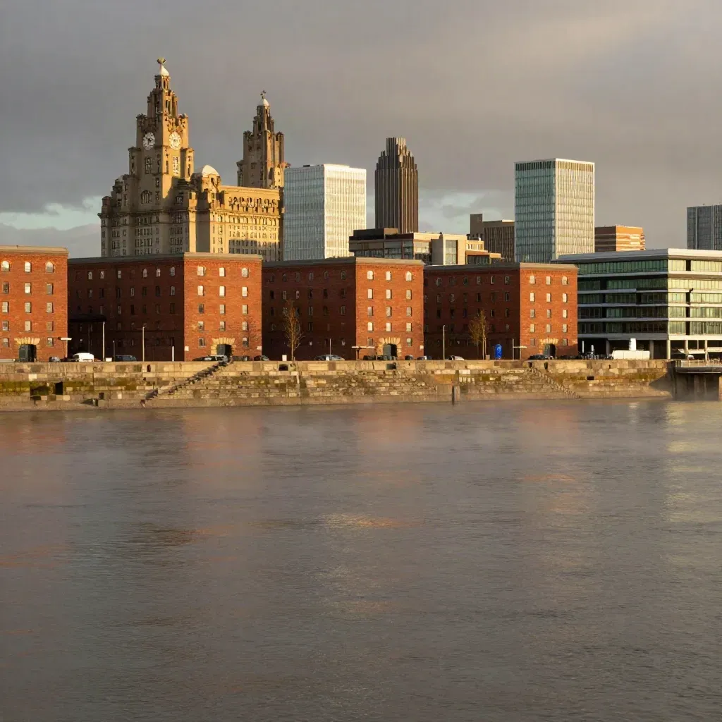 Liverpool waterfront towers above a calm Mersey in warm dusk haze
