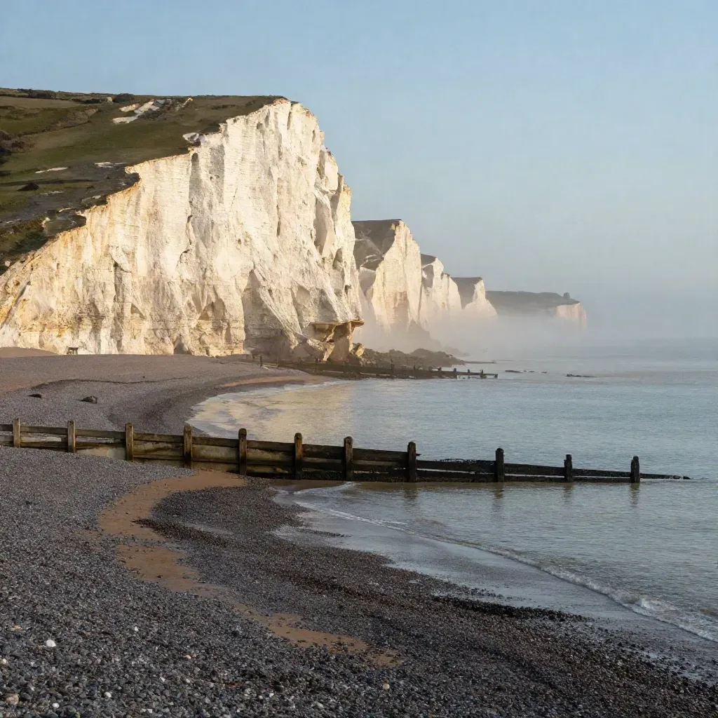 Bright chalk cliffs above a misty shingle beach at golden hour