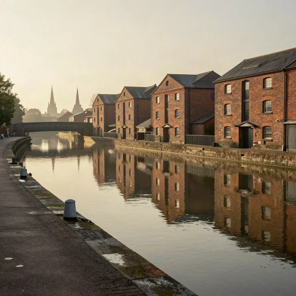 Hazy Midlands canal basin with red-brick warehouses, spires and still reflective water.