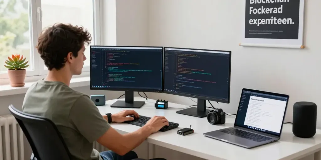 Piteas.trade user coding in a modern office showcasing innovative decentralized finance tools and technology.
