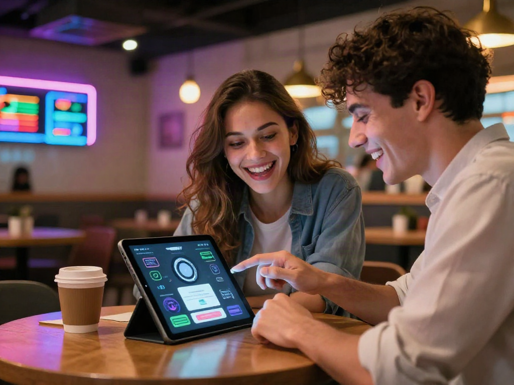Young couple engaging with sex AI technology in a modern café.