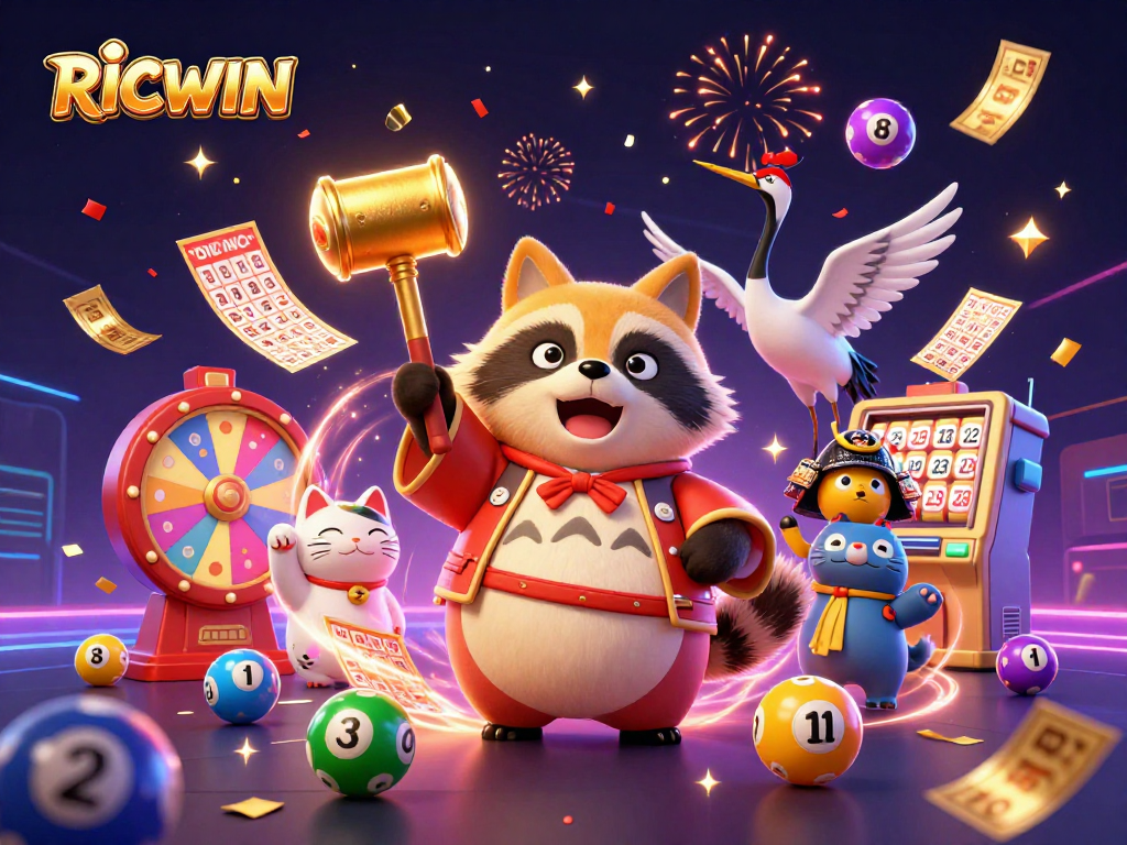 Join RICWIN's lively scene with a tanuki, crane, and fortune cats amidst a vibrant lottery celebration!