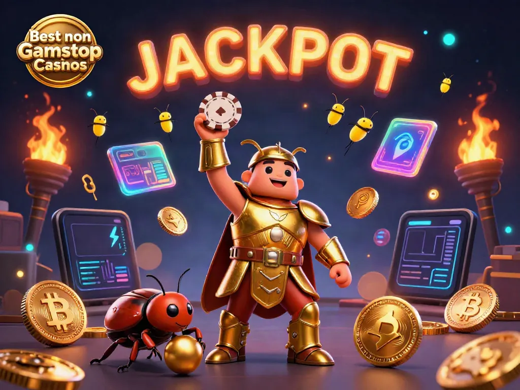 Engaging scene showcasing the Best non Gamstop Casinos with characters celebrating a jackpot victory surrounded by vibrant cash elements.