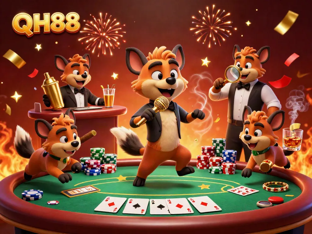 Experience the vibrant comedy casino ambiance of QH88 with animated hyenas enjoying a lively poker night.