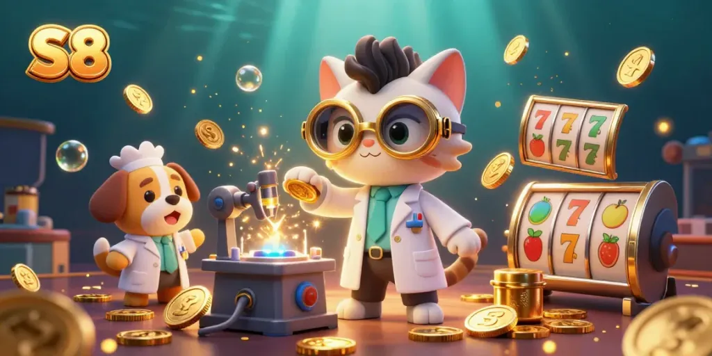 S8 showcases vibrant casino fun with a mad scientist cat and lab assistant creating slot machine magic.