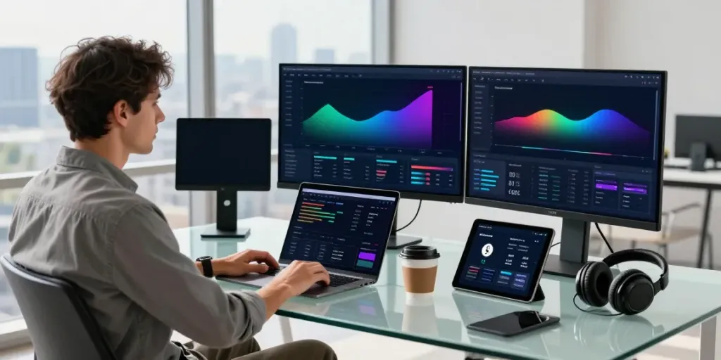 Professional workspace showcasing decentralized finance tools at https://piteas.trade, with trading charts and crypto wallet applications.