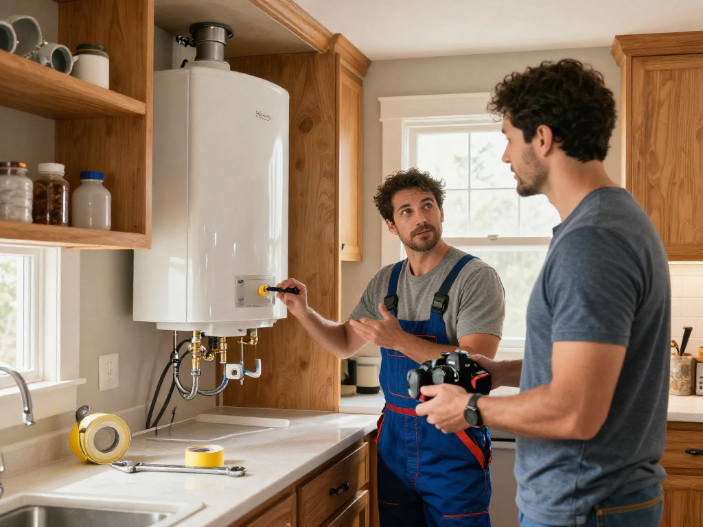 Professional plumber inspecting a water heater replacement Fort Worth installation in a cozy kitchen.