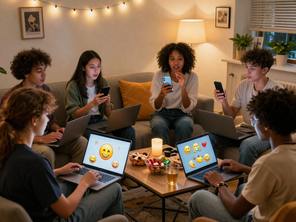 Friends enjoying a spicy chat online in a cozy living room filled with snacks and colorful decorations.
