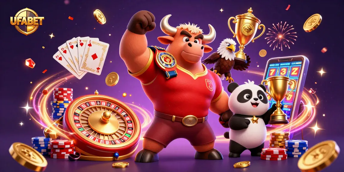 Experience thrilling gameplay with UFABET featuring a bull, eagle, and panda in a vibrant casino scene.