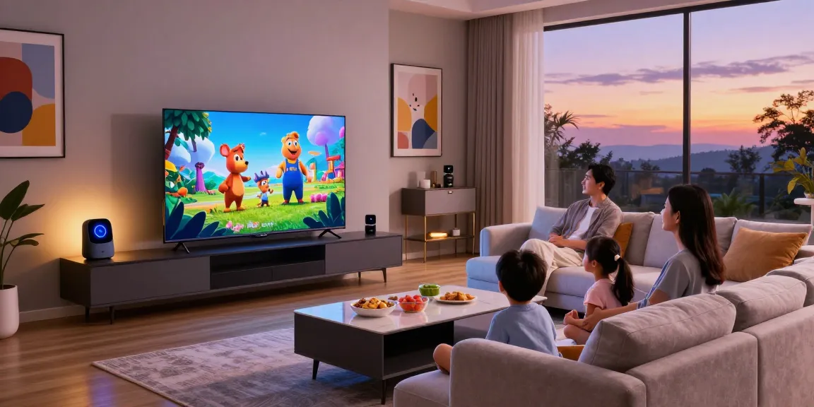 Family enjoying a movie night with a mini LED TV in a stylish living room setting.