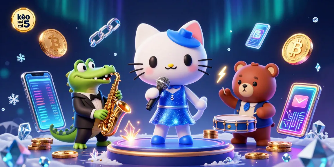 Bet on kèo nhà cái 5 with lively characters and glowing crypto coins in a vibrant casino scene.