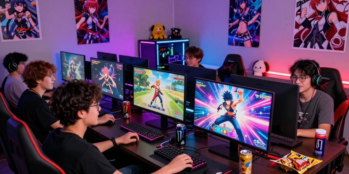 Friends enjoying hentai games together, colorful gaming setup with snacks and anime decor.