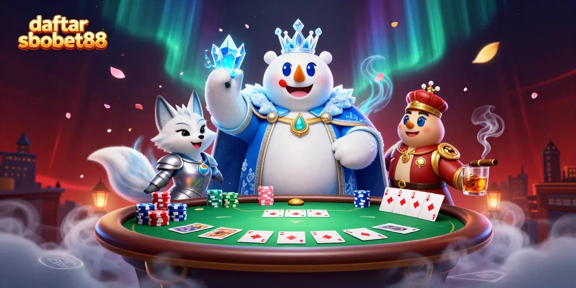 Engage with daftar sbobet88 for thrilling poker gameplay in an enchanting fantasy scene featuring a polar bear king and snow fox.