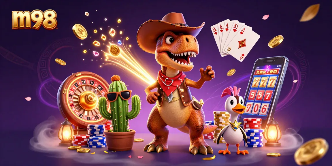 Engage with m98's dynamic casino adventure featuring the cartoon cowboy dinosaur and friends!