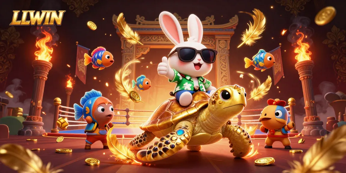LLWIN sparks winning excitement in a vibrant 3D casino scene featuring a lucky rabbit and golden sea turtle.