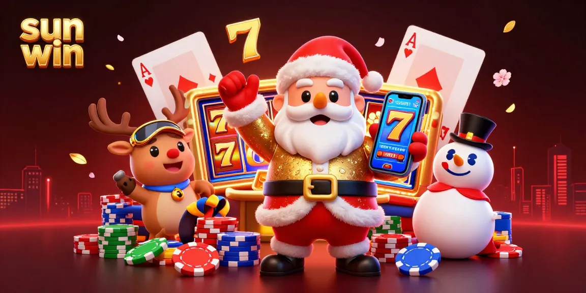 Engage in the festive fun at sun win featuring Santa, his reindeer, and a snowman in a colorful casino setting.