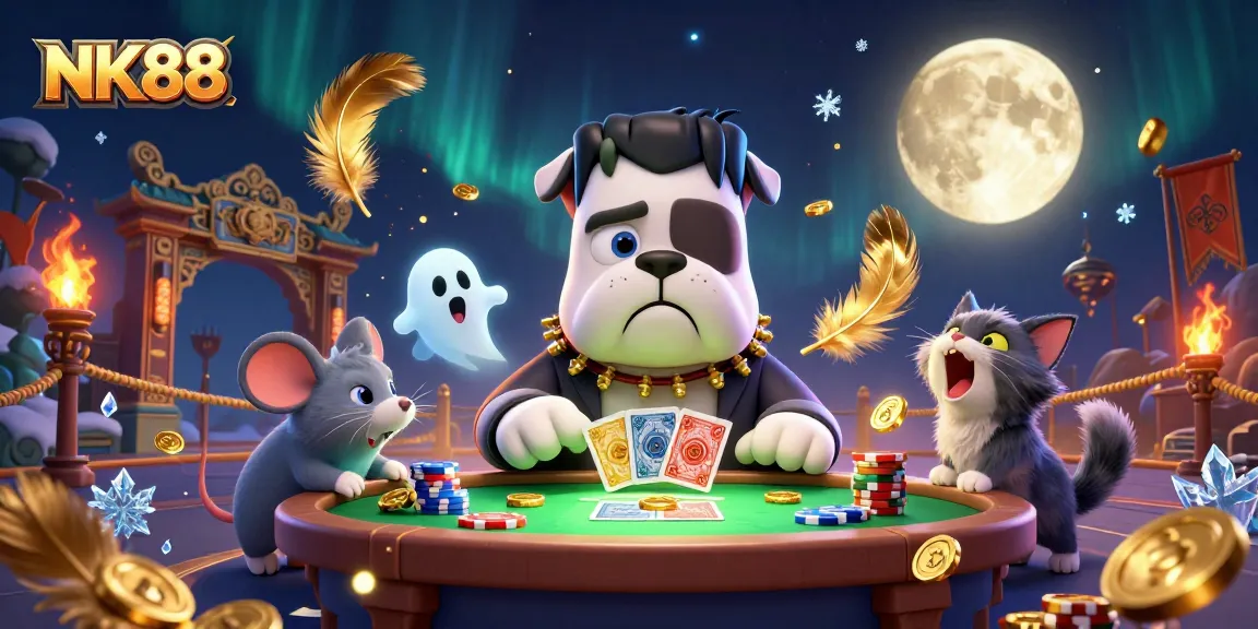 Experience the thrill of NK88 with a 3D cartoon monster dealer at a vibrant casino table.
